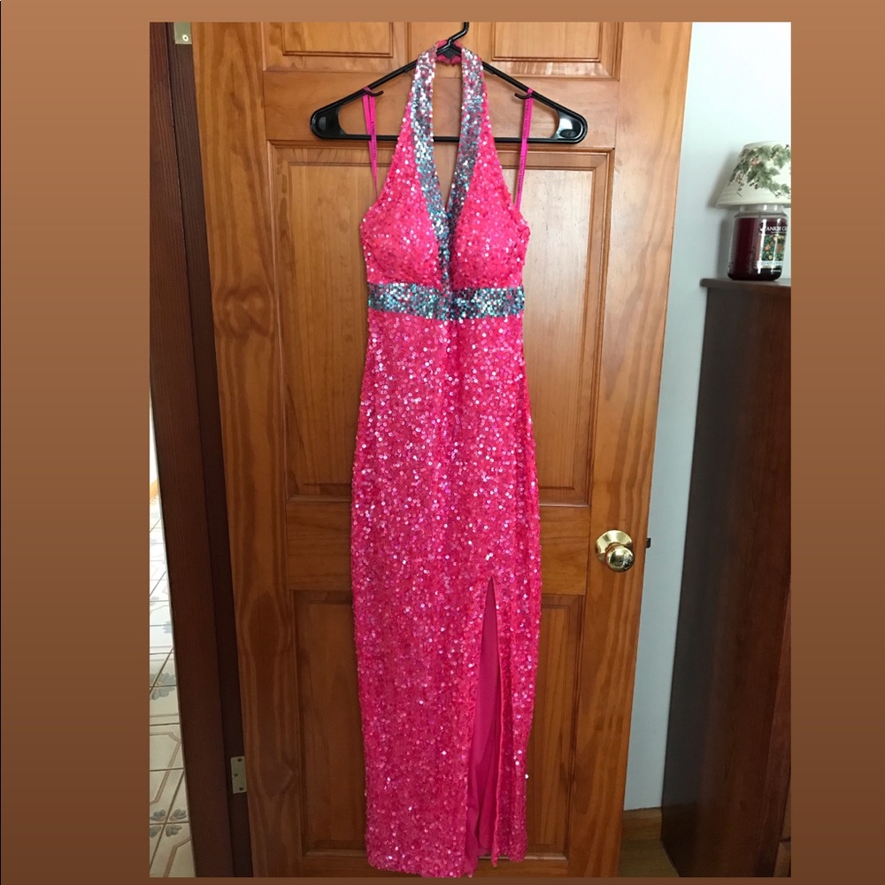 Sequin Pink/Turquoise Fitted Halter Gown